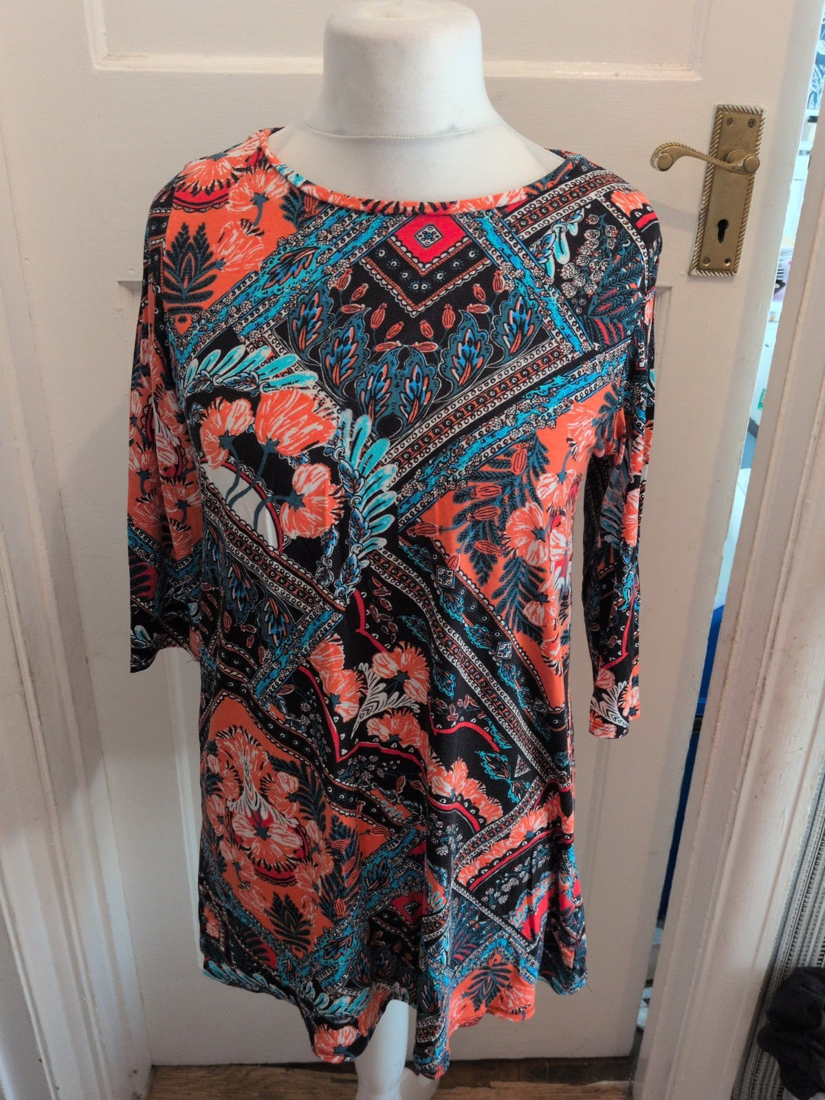 George 14 Black Orange Teal Pink Half Sleeve Dress