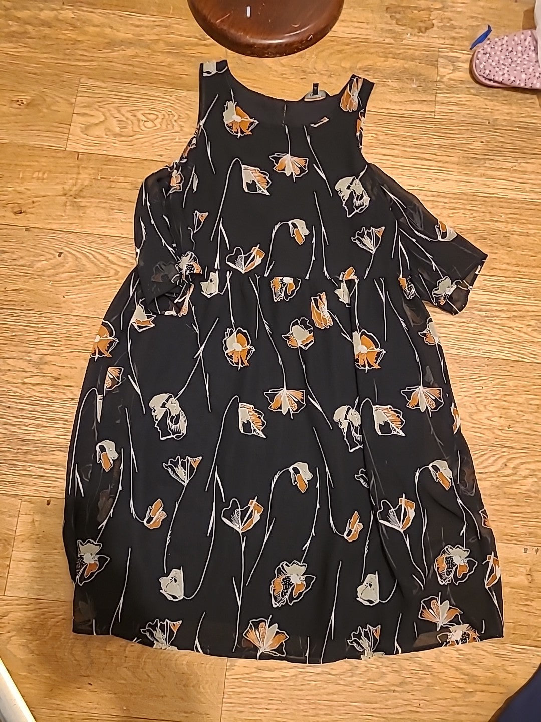 Ladies Next Size 8 Black Floral Lined Open Shoulder Dress