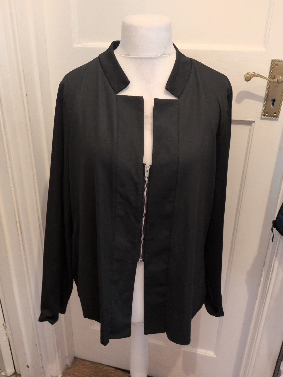 Black Large V Neck Zipped Long Sleeve Blouse
