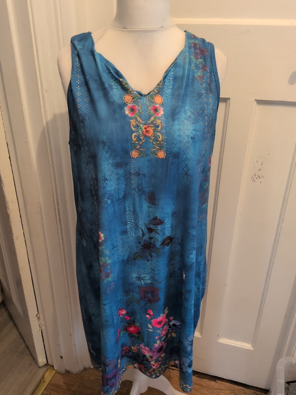 2XL Blue Floral Sleeveless V Neck Dress