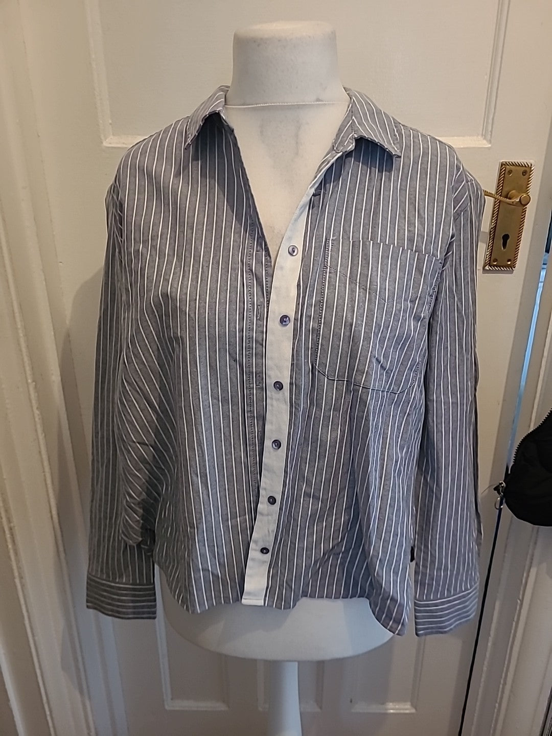 Mens Modern Works Size Large Grey And White Striped Shirt Long Sleeved