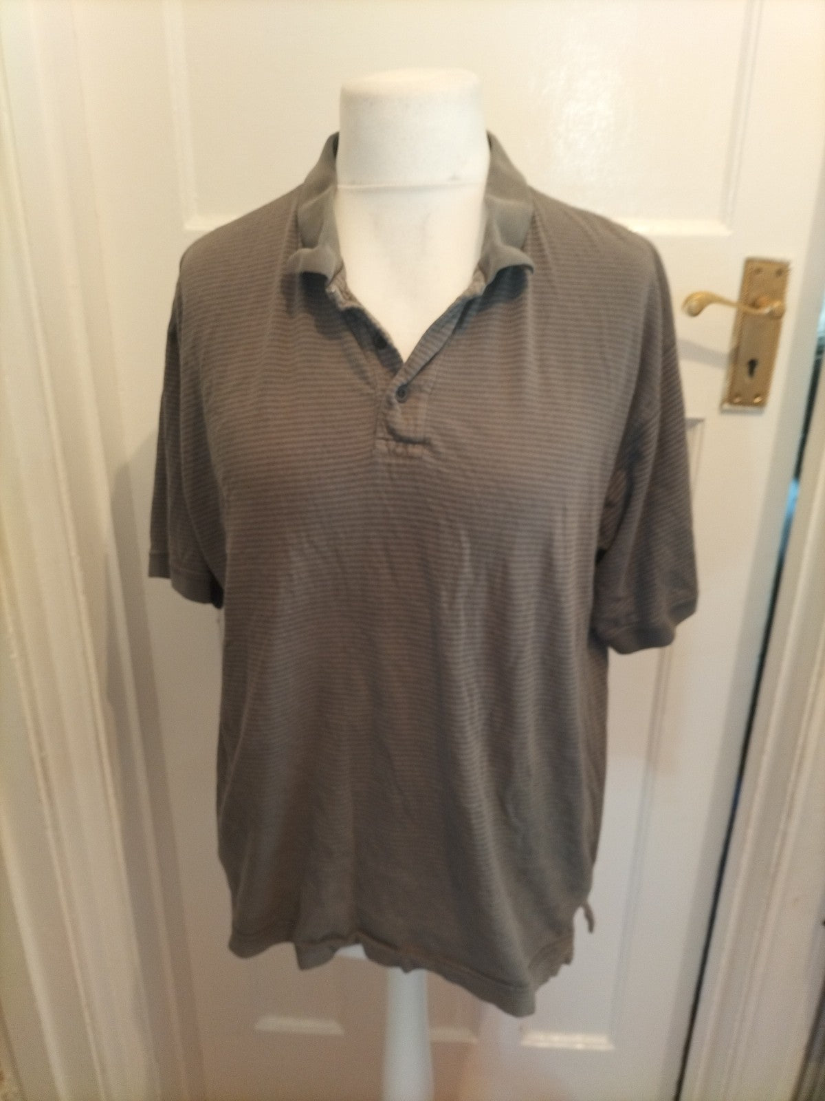 Mens Cedarwood State Size Large Grey And Navy Striped Short Sleeved Polo