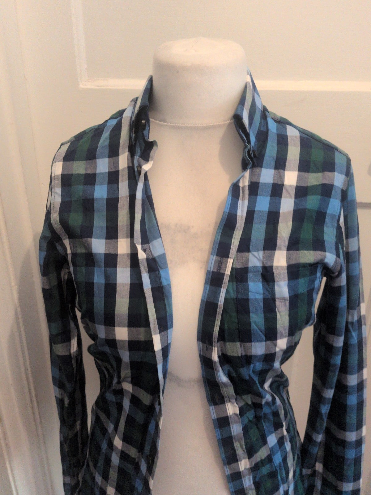 Tm Lewin XS Blue Green White Check Long Sleeve Shirt