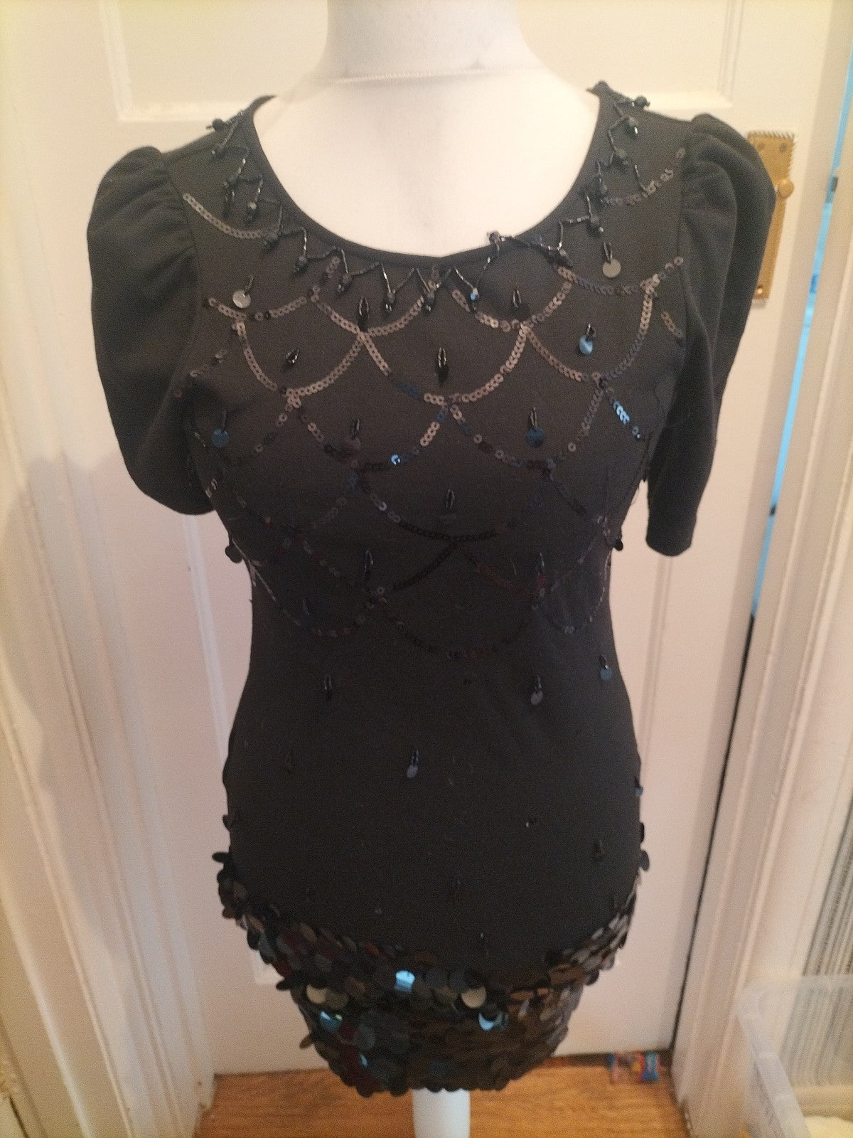 Ladies River Island Size 6 Black With Diamontes Short Sleeved Dress