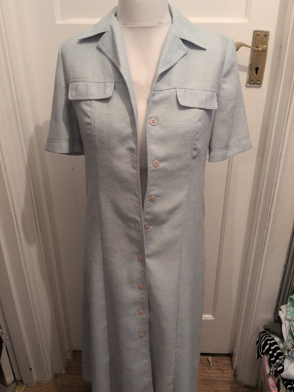Viyella 8 Pale Turquoise Buttoned Long Length Dress Bobbling Short Sleeved
