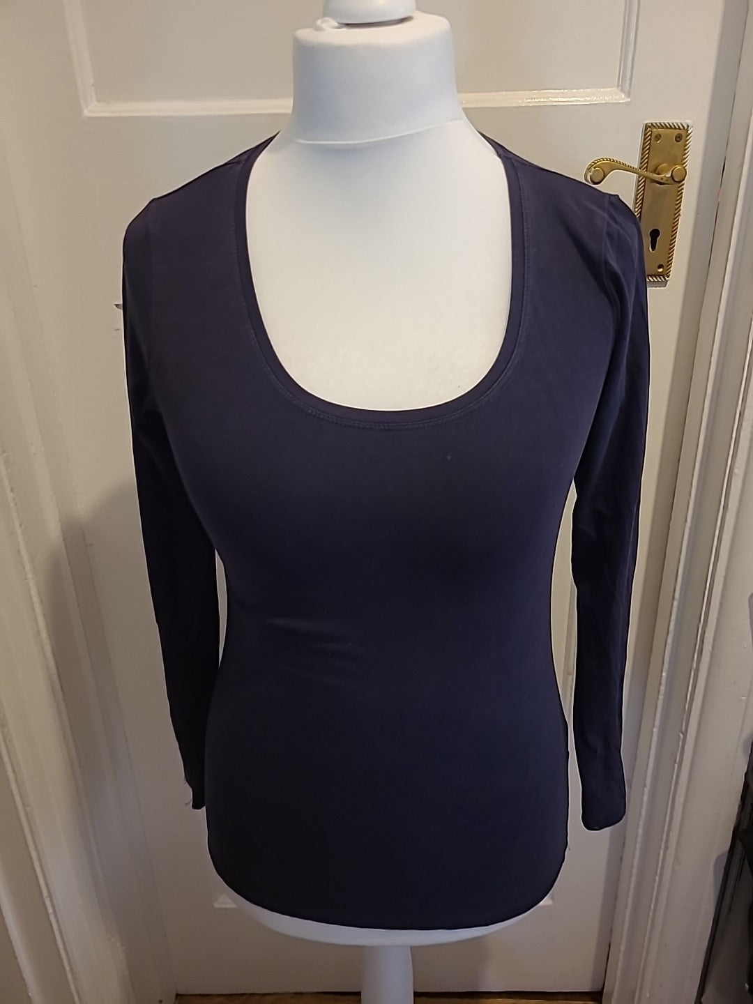 Ladies Primark Size 12 Navy Stretchy Long Sleeved Tshirt(slight Fading)