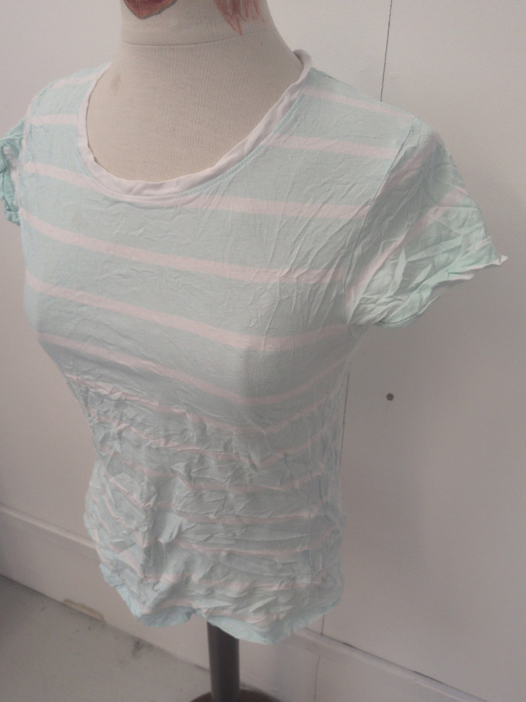 Ladies Primark Size 10 Pale Blue Striped Short Sleeve Turn Back T-shirt
