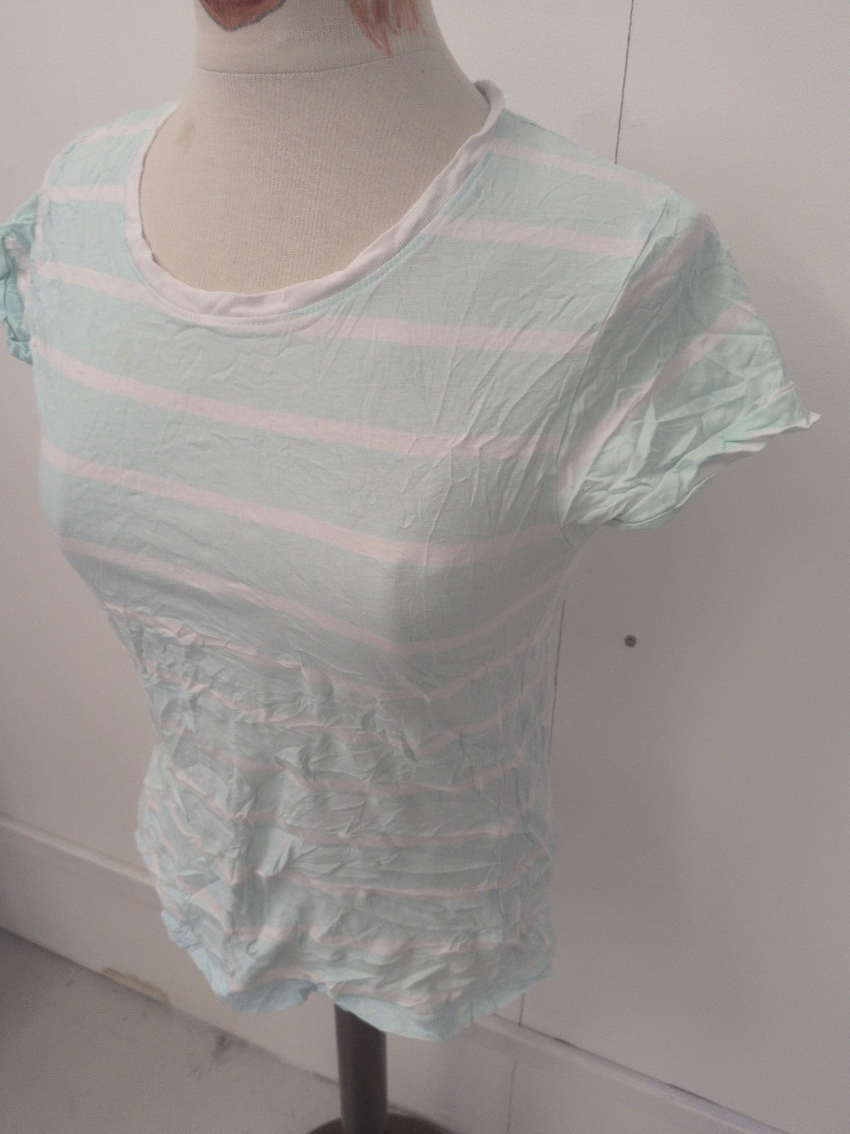 Ladies Primark Size 10 Pale Blue Striped Short Sleeve Turn Back T-shirt
