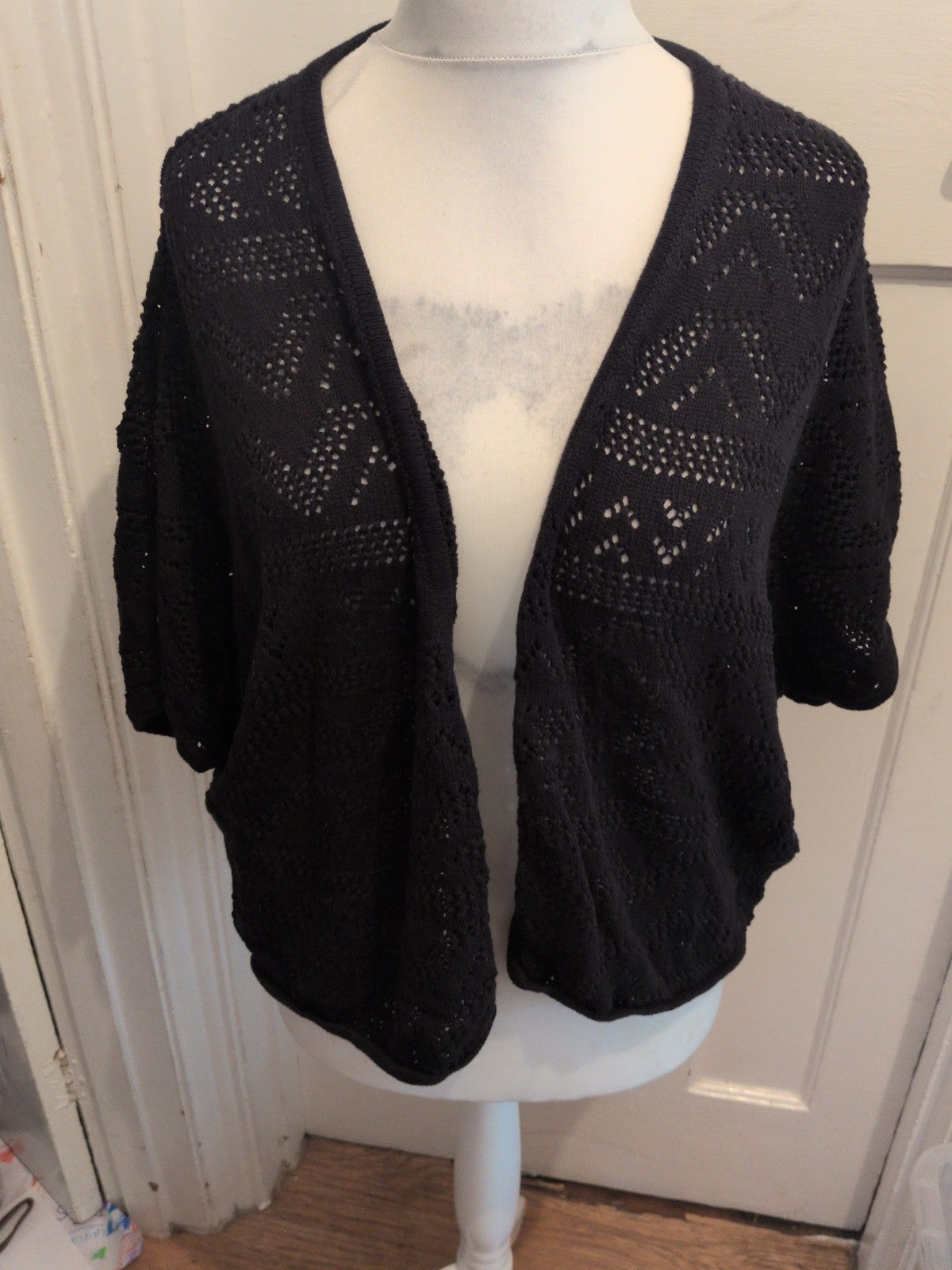 Ladies George 24 Black Patterned Short Sleeve Open Cardigan