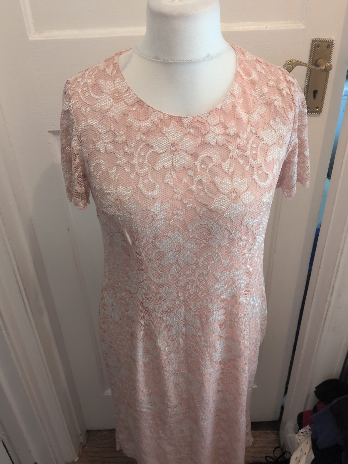 Damart Medium Pink Lace Lined Short Sleeved Dress