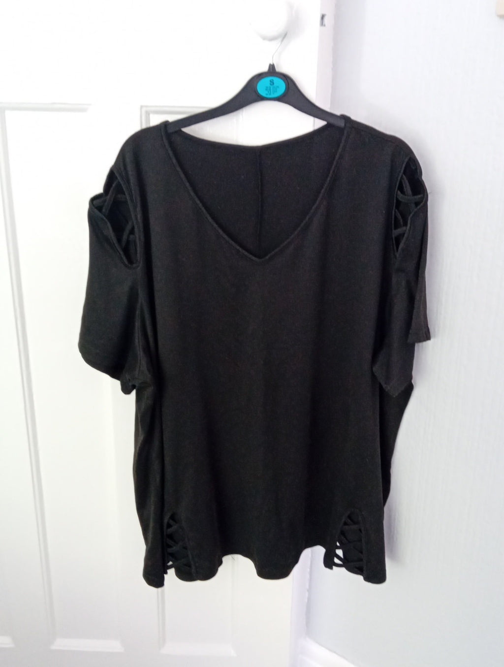 Ladies Black V Neck T.shirt Size 4xl Criss/cross Trim Free Delivery