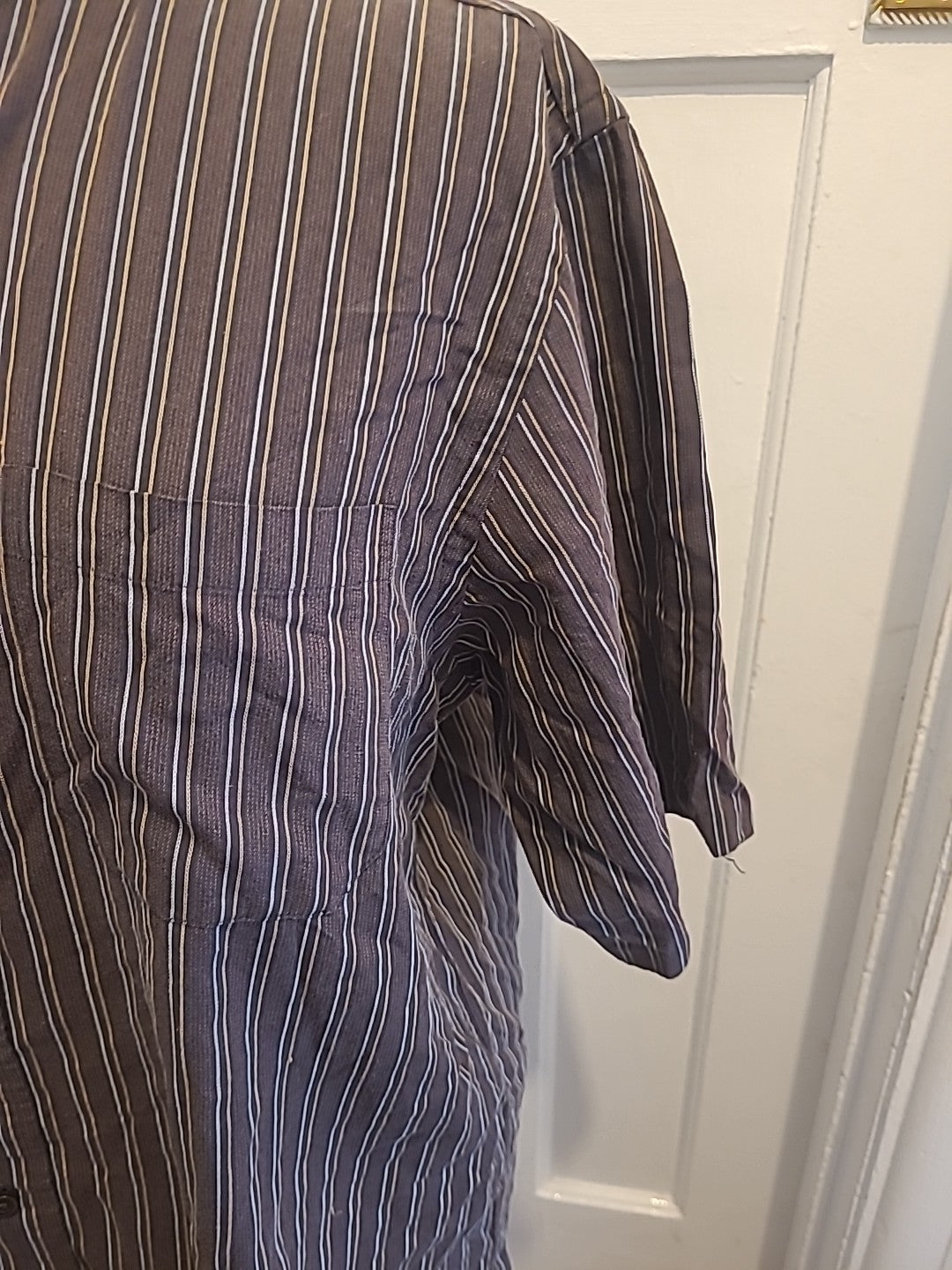 Mens George Size 16" Brown Striped Short Sleeved Non Iron Shirt