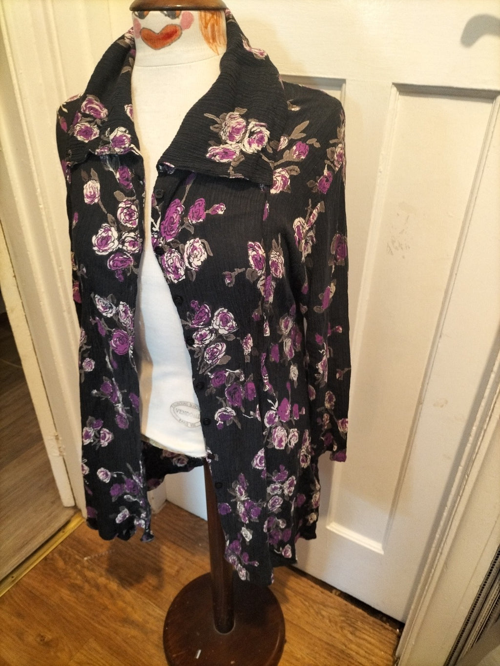 Ladies Masai Size Small Black With Purple Floral Long Sleeved Buttoned Dress