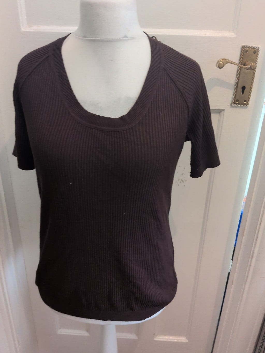 Kabi XL Dark Brown Ribbed Short Sleeve Top