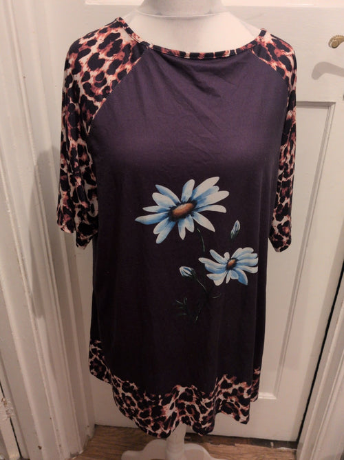 4XL Leopard Print Trim With Black Floral Short Sleeve T-shirt Blouse