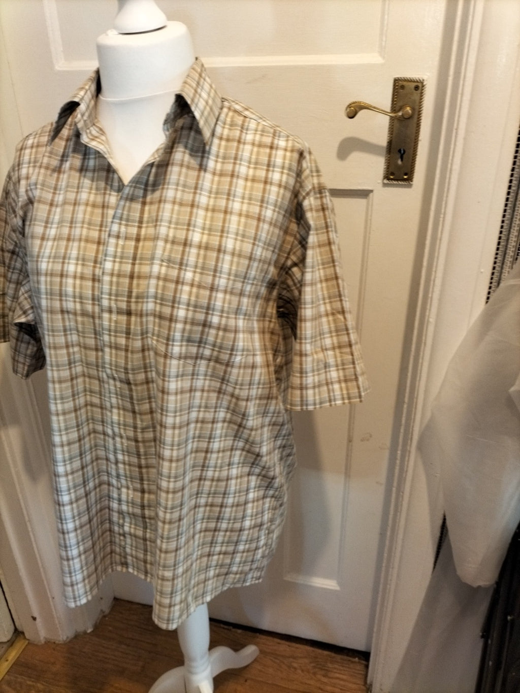 Mens St Michael Size 16" Collar Brown And Grey Short Sleeved Shirt