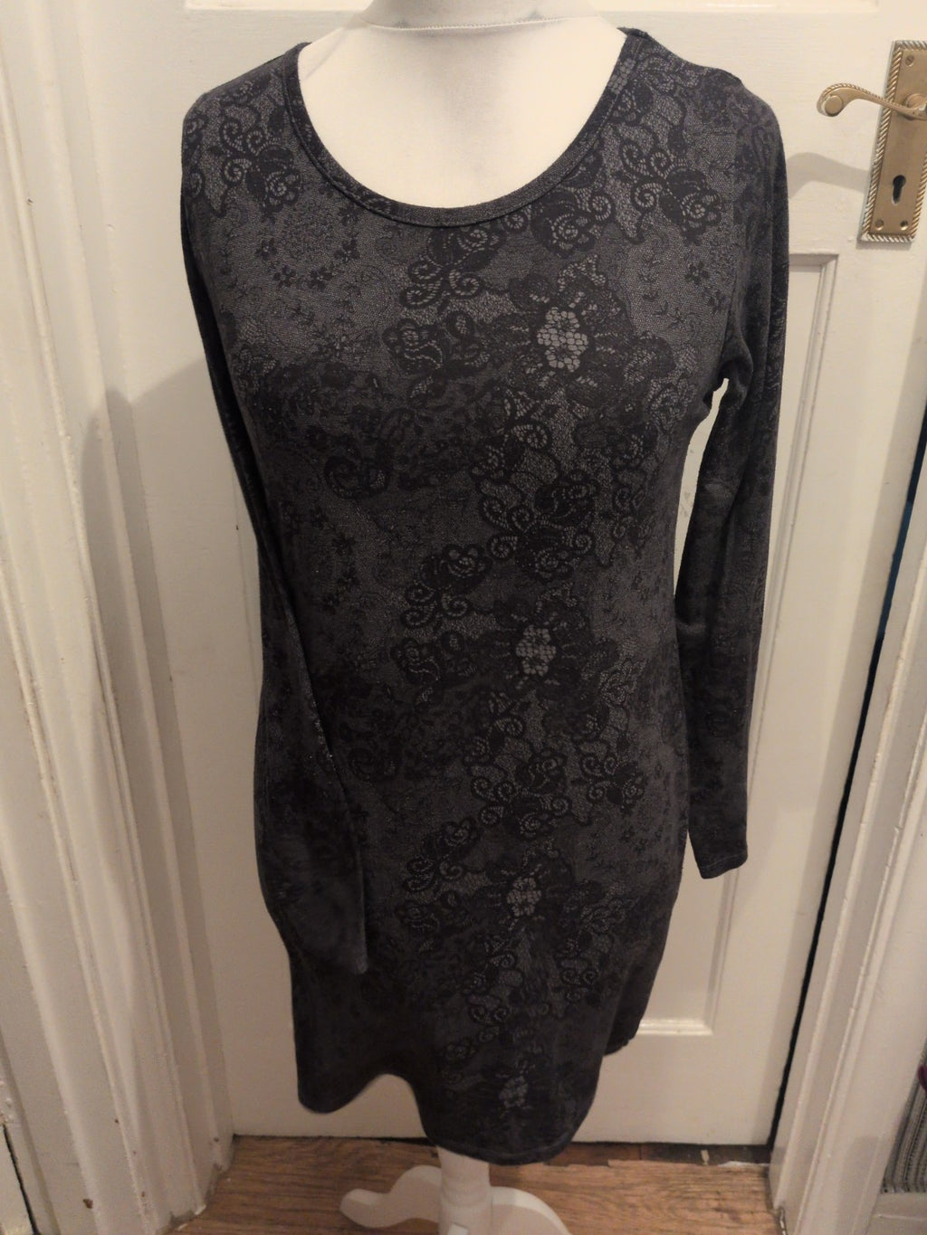 George 14 Black And Grey Floral Pattern Long Sleeve Dress