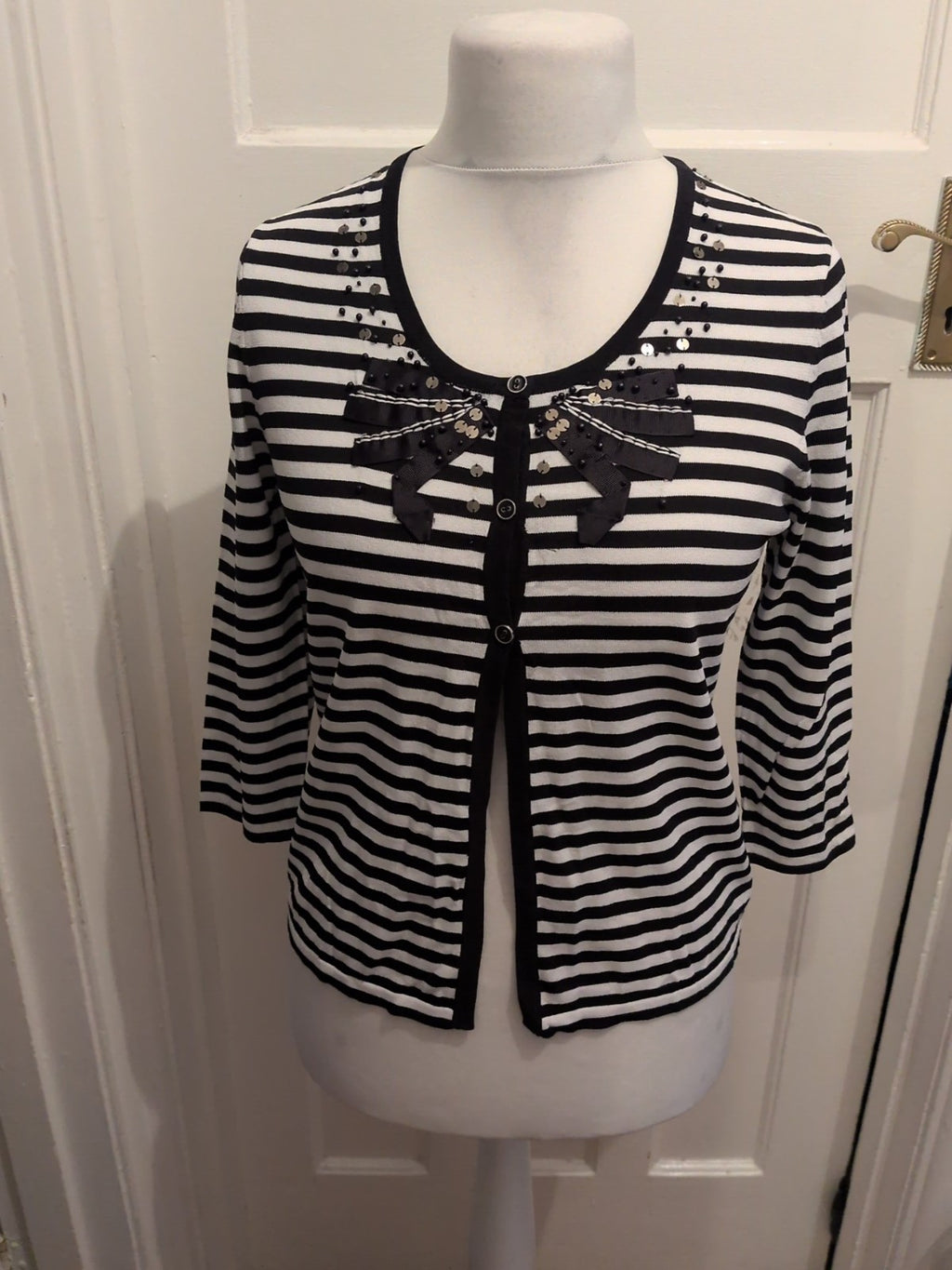 Gerry Weber 12 Navy And White Striped Buttoned Sequin Blouse