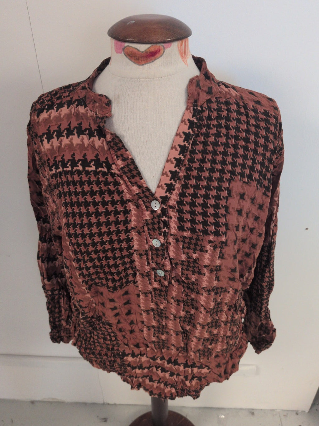 Large Brown And Black Long Sleeve Blouse V Neck