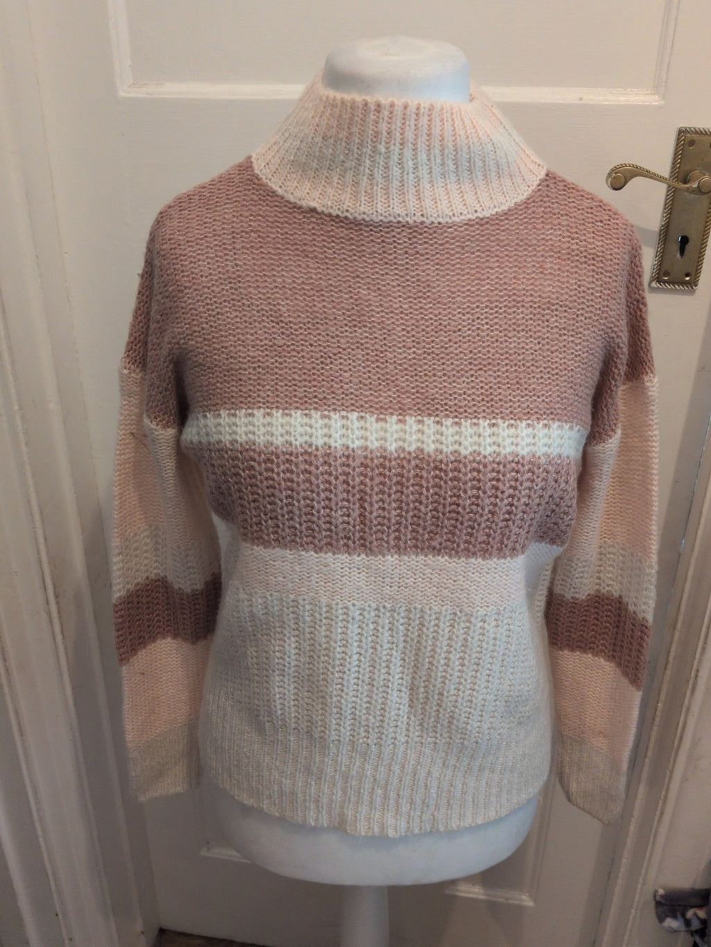 Primark XS Pink White And Pink Knit High Neck Jumper