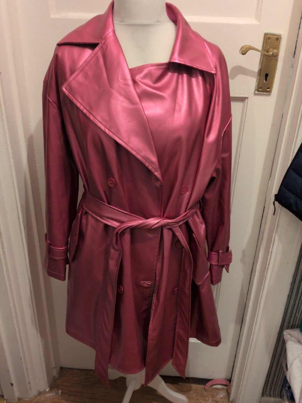 Shein Curve 0xl Shiny Pink Belted Lined Collared Jacket