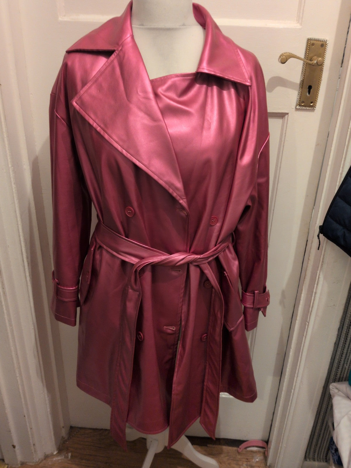 Shein Curve 0xl Shiny Pink Belted Lined Collared Jacket