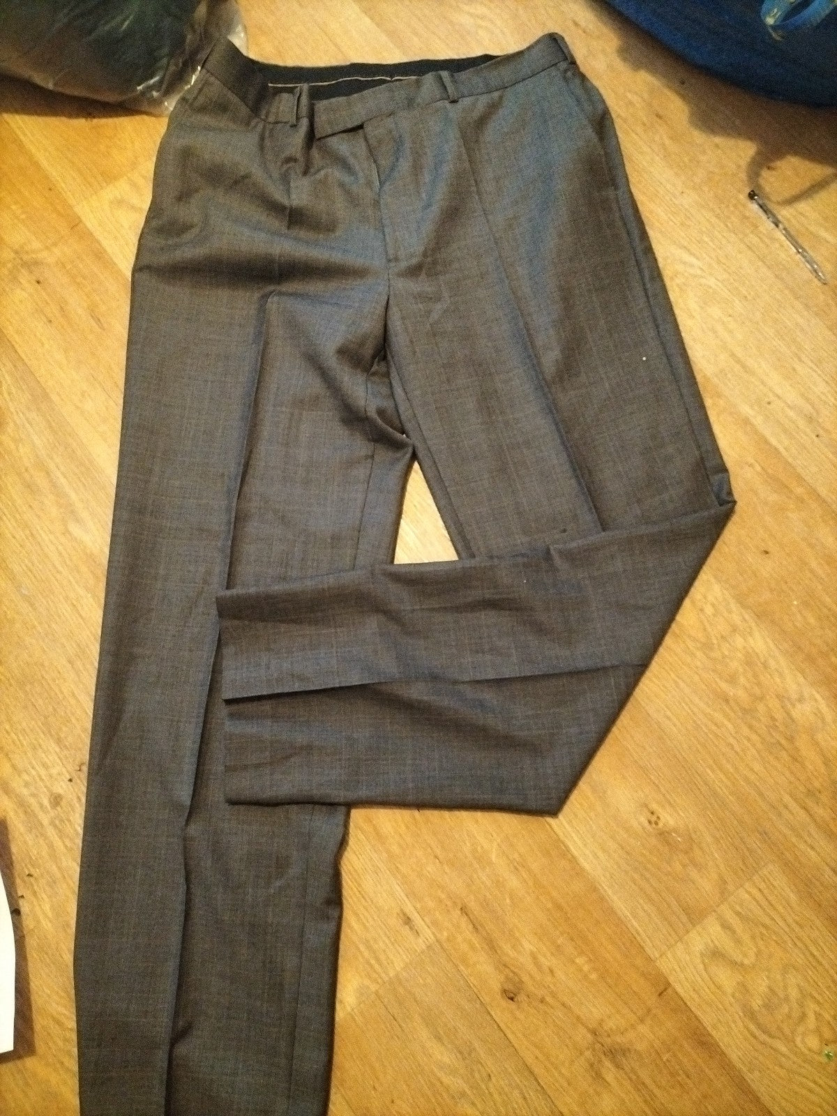 Mens Fellini Size 38L Brown Pinstripe Trousers