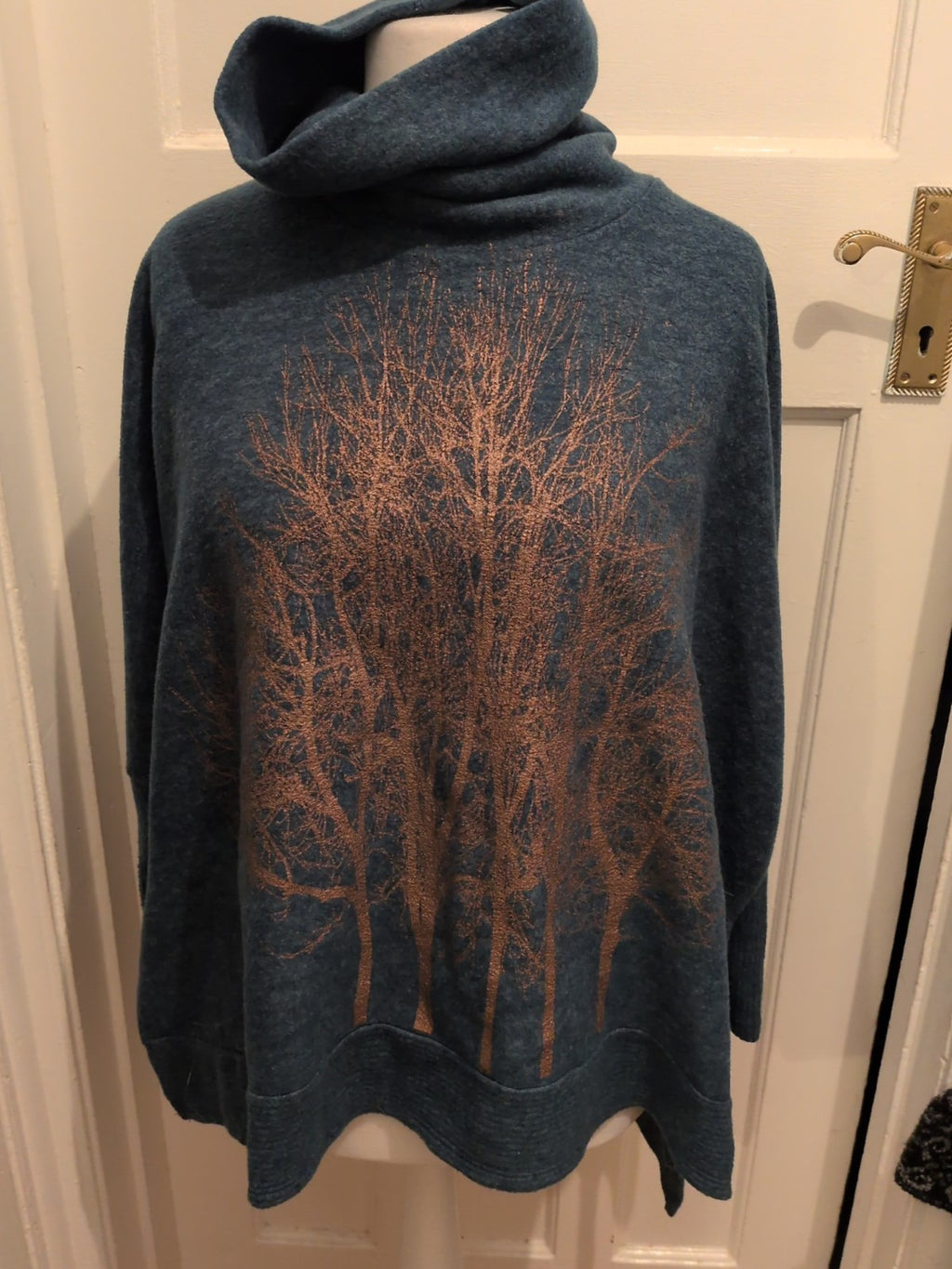 M/L Green With Gold Trees Long Sleeve High Neck Jumper