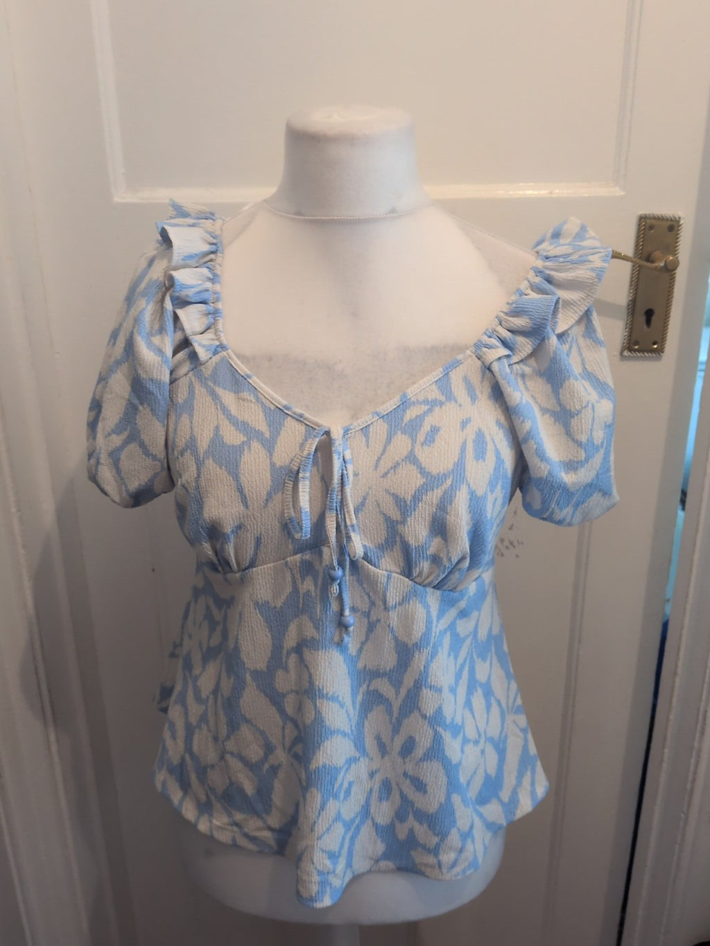George 14 Blue And White Wide Neck Short Sleeve Blouse