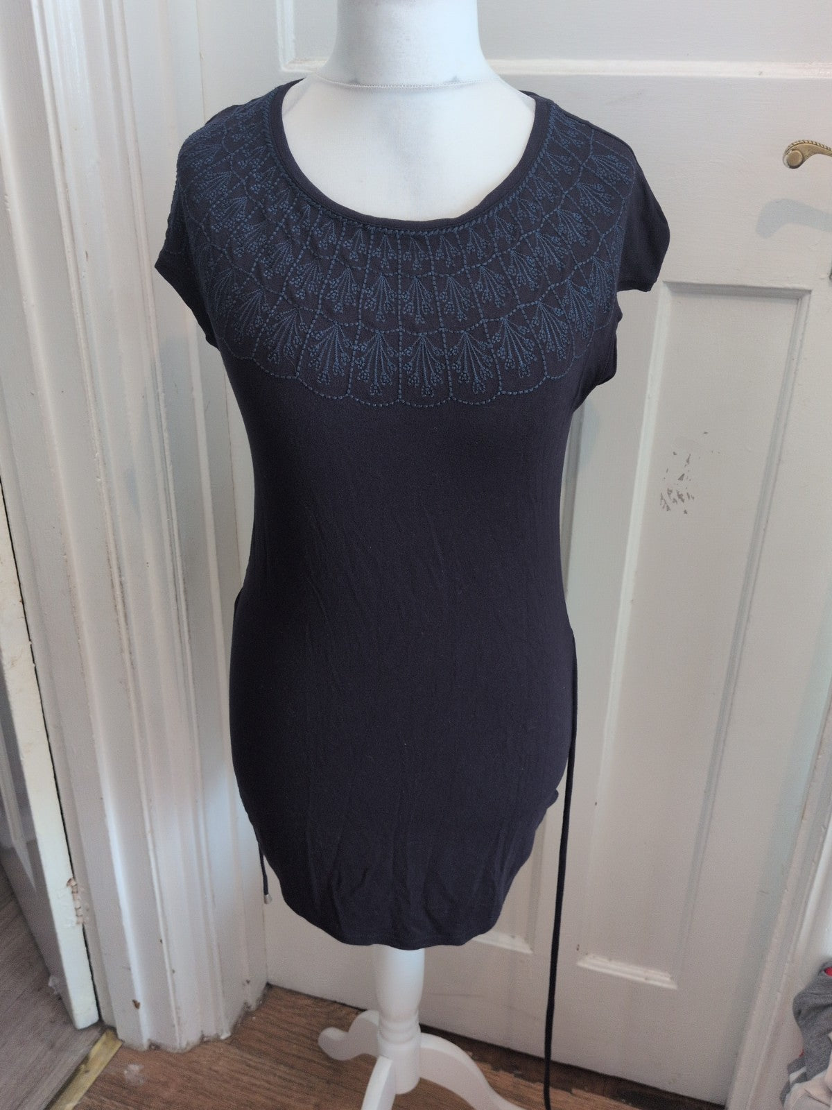 M&S 8 Navy Short Sleeve Blouse Pattern Neck