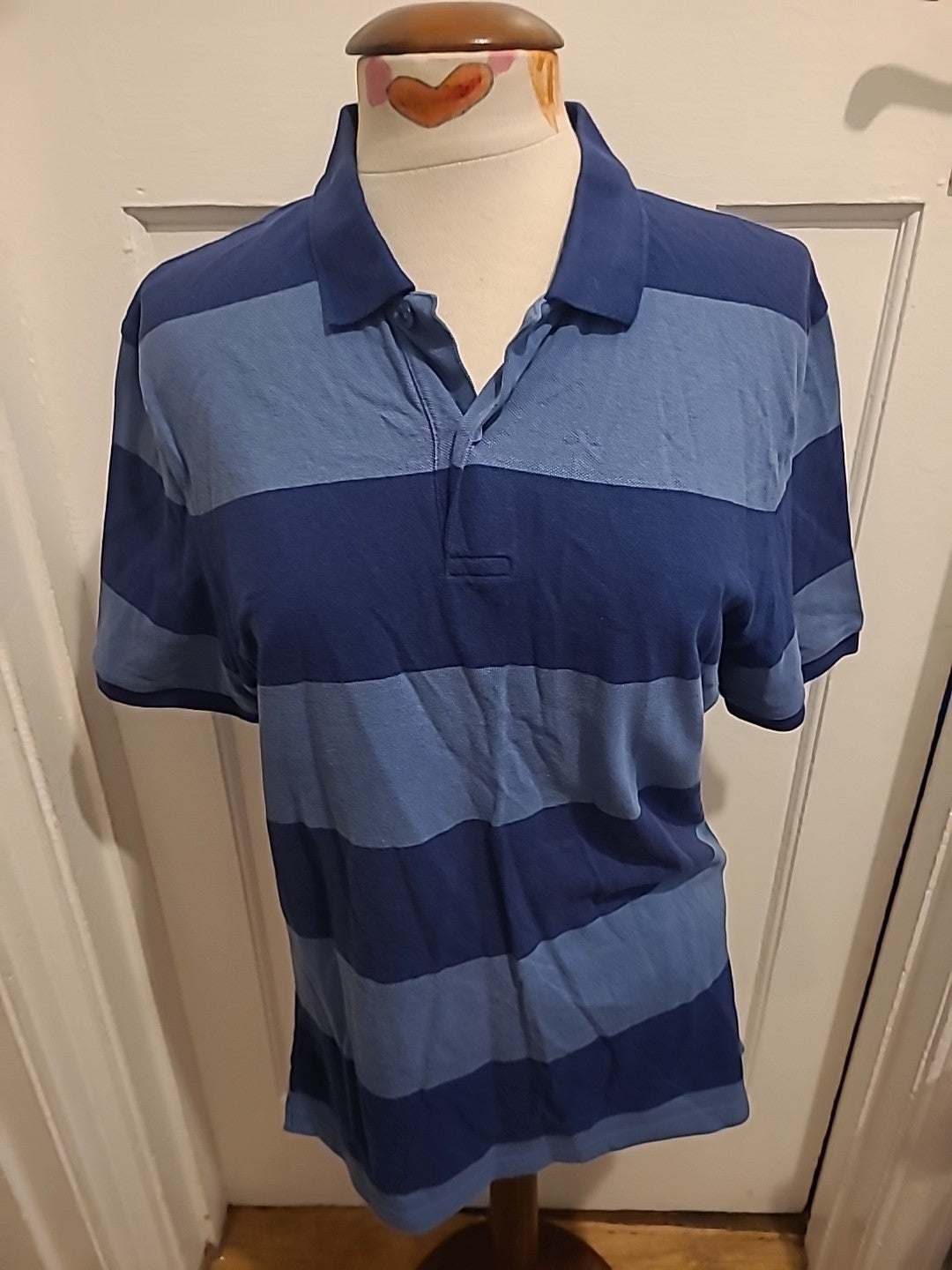 Mens M&S Size M Reg 2 Tone Navy Short Sleeved Striped Polo