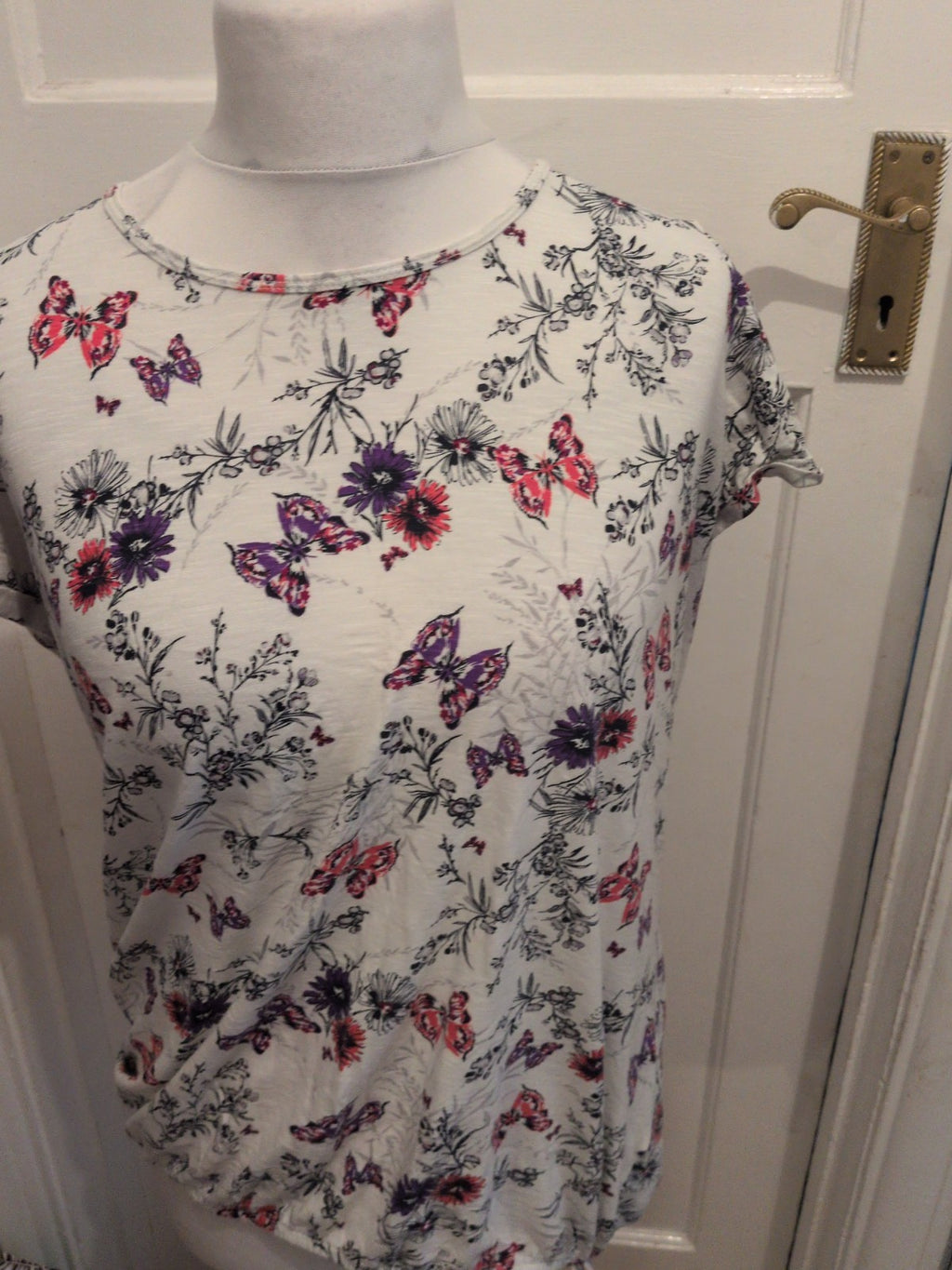 George 22 White Purple And Pink Butterfly Short Sleeve Blouse