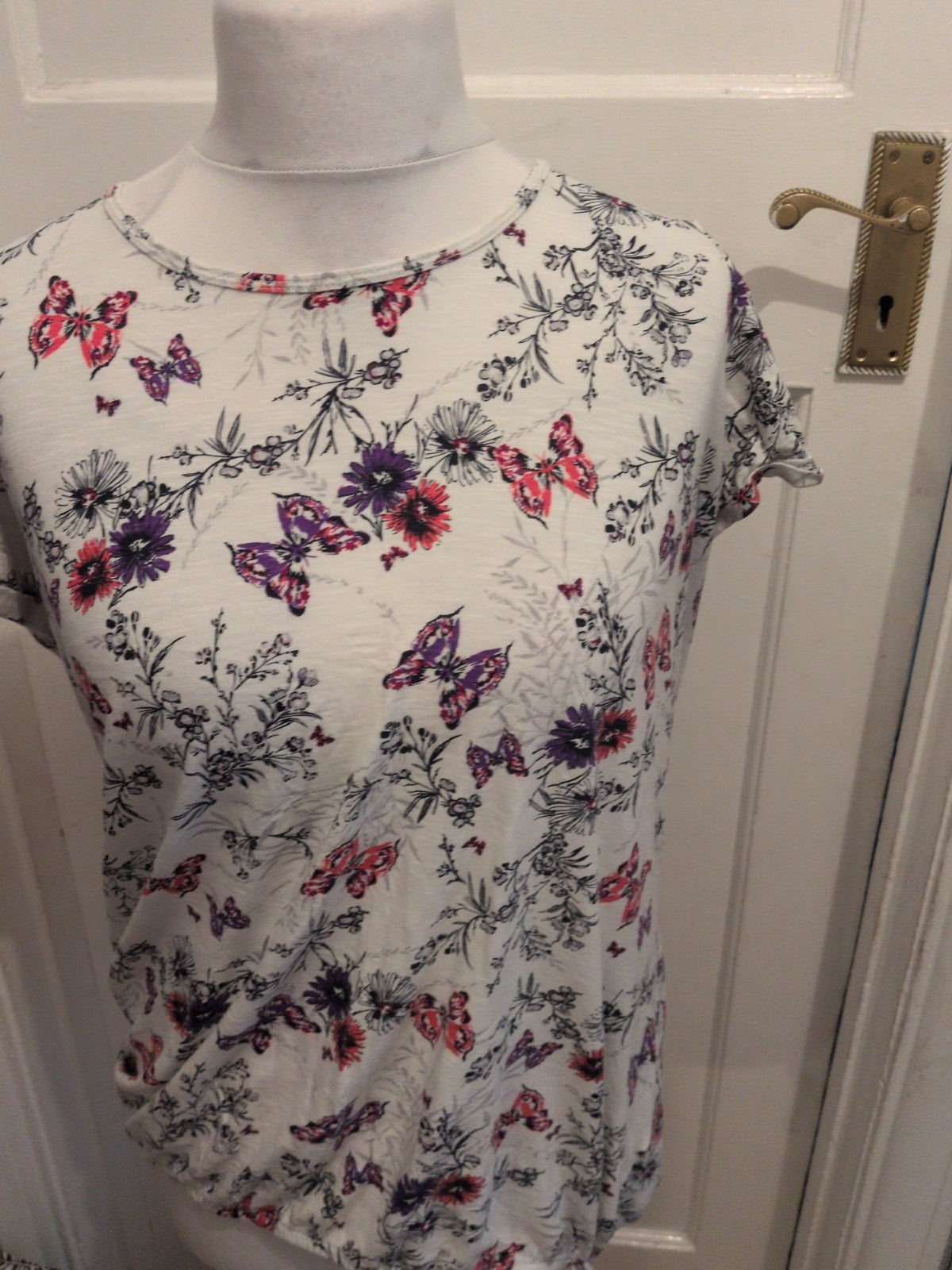 George 22 White Purple And Pink Butterfly Short Sleeve Blouse