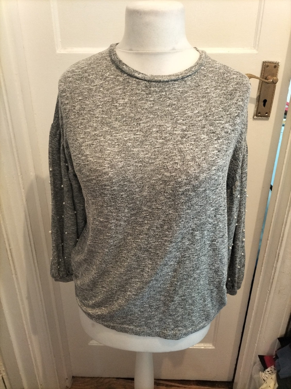 Ladies Tu Woman Size 10 Grey Fleck Pearl Detail Arms Jumper