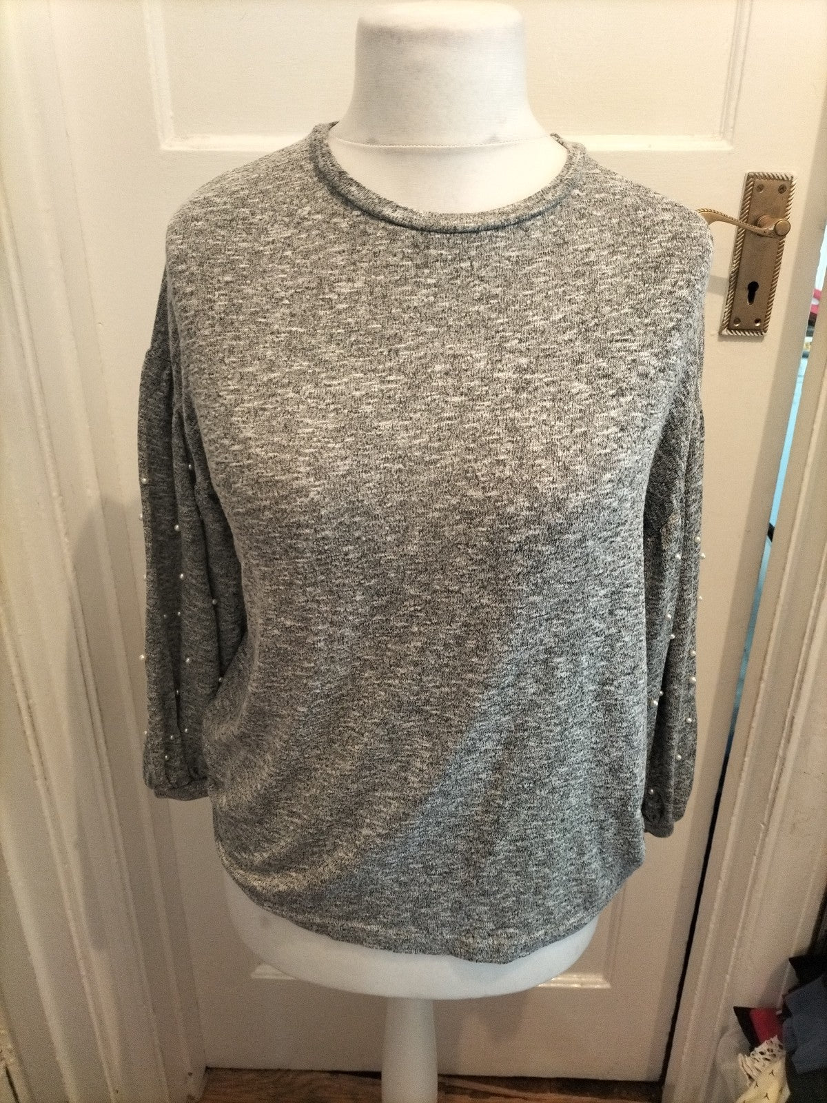 Ladies Tu Woman Size 10 Grey Fleck Pearl Detail Arms Jumper