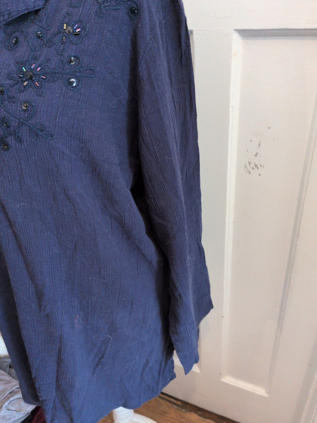 Arcadia 20 Navy Long Sleeve Embroidery Neck Blouse