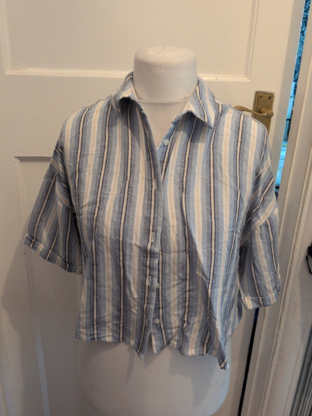 Primark Medium Blue Stripe Short Sleeve Collared Buttoned Blouse