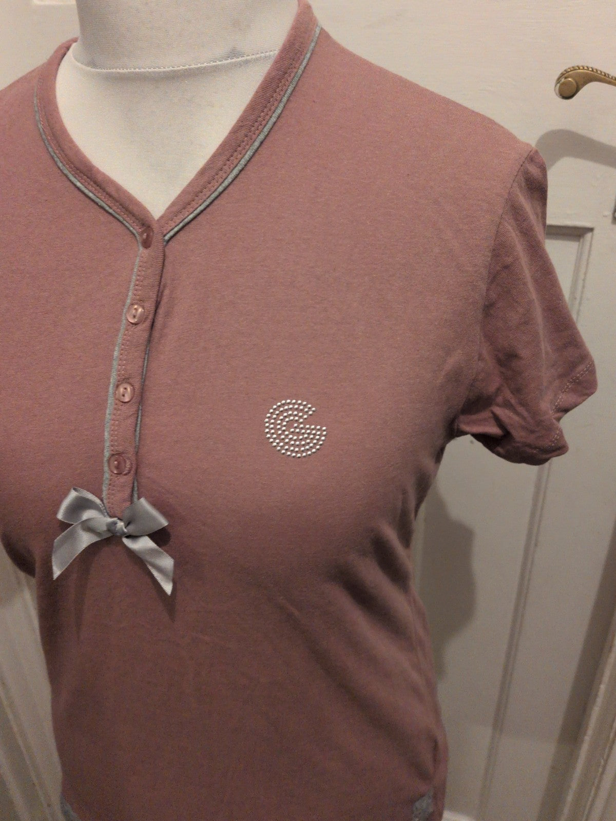 Ladies Medium Purple Short Sleeve Button Bust Pyjama Top
