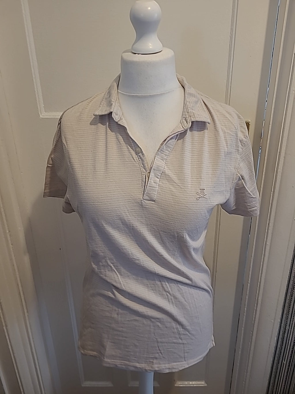 Mens Label Lab Size M Beige Faint Stripes Short Sleeved Polo