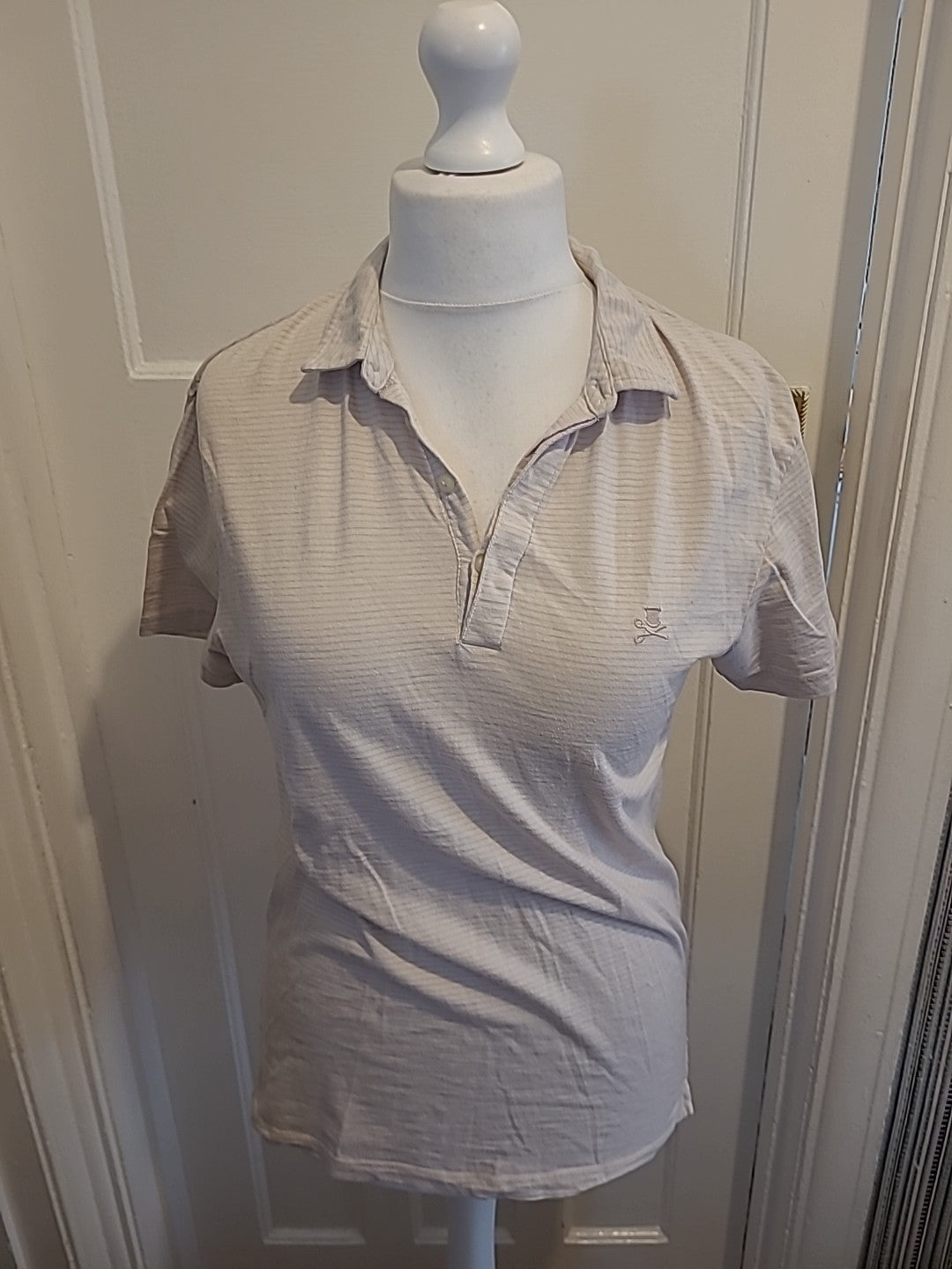 Mens Label Lab Size M Beige Faint Stripes Short Sleeved Polo