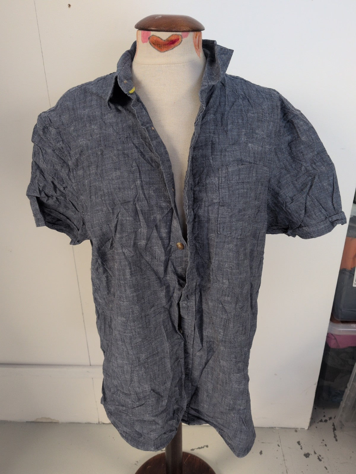 John Lewis XL Grey Denim Colour Short Sleeve Shirt Button Missing