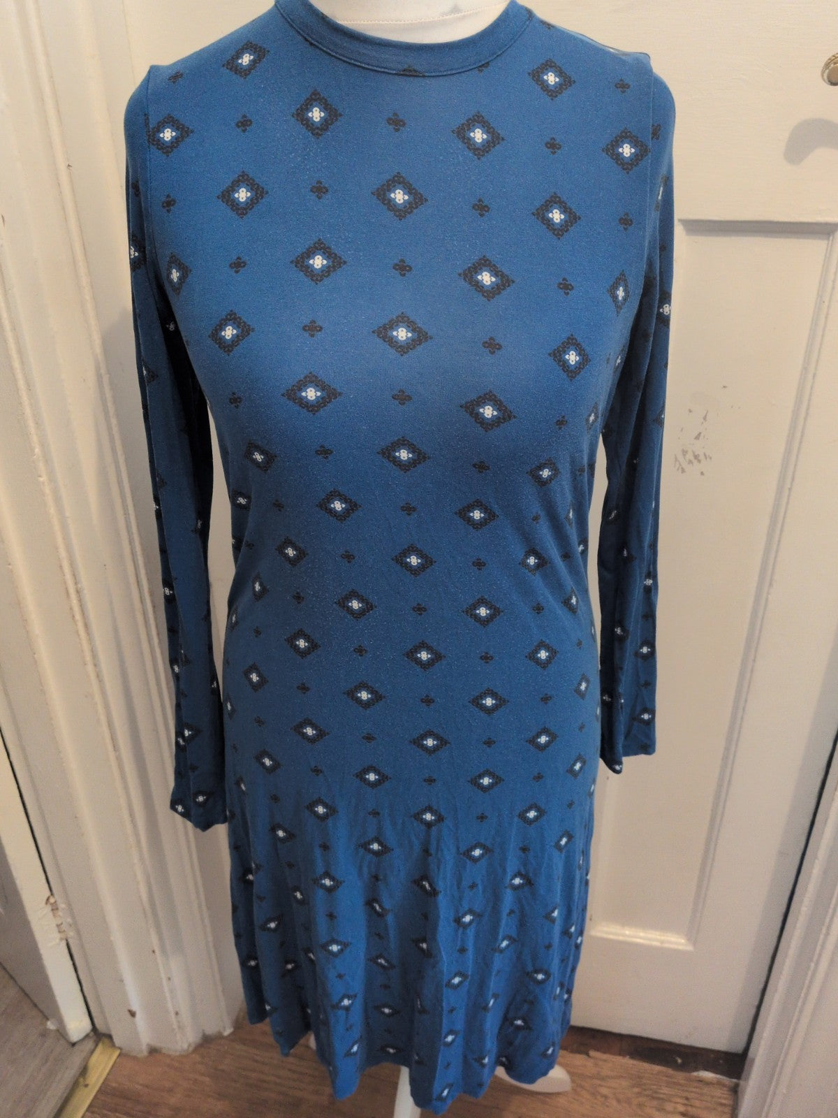 Marks And Spencer 10 Deep Blue White And Black Long Sleeve Dress Midi