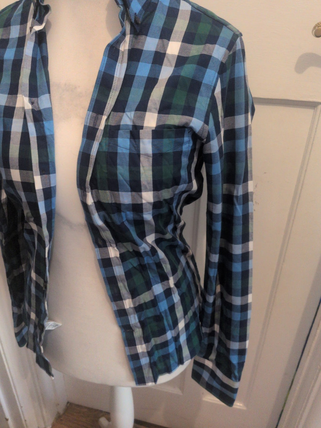 Tm Lewin XS Blue Green White Check Long Sleeve Shirt