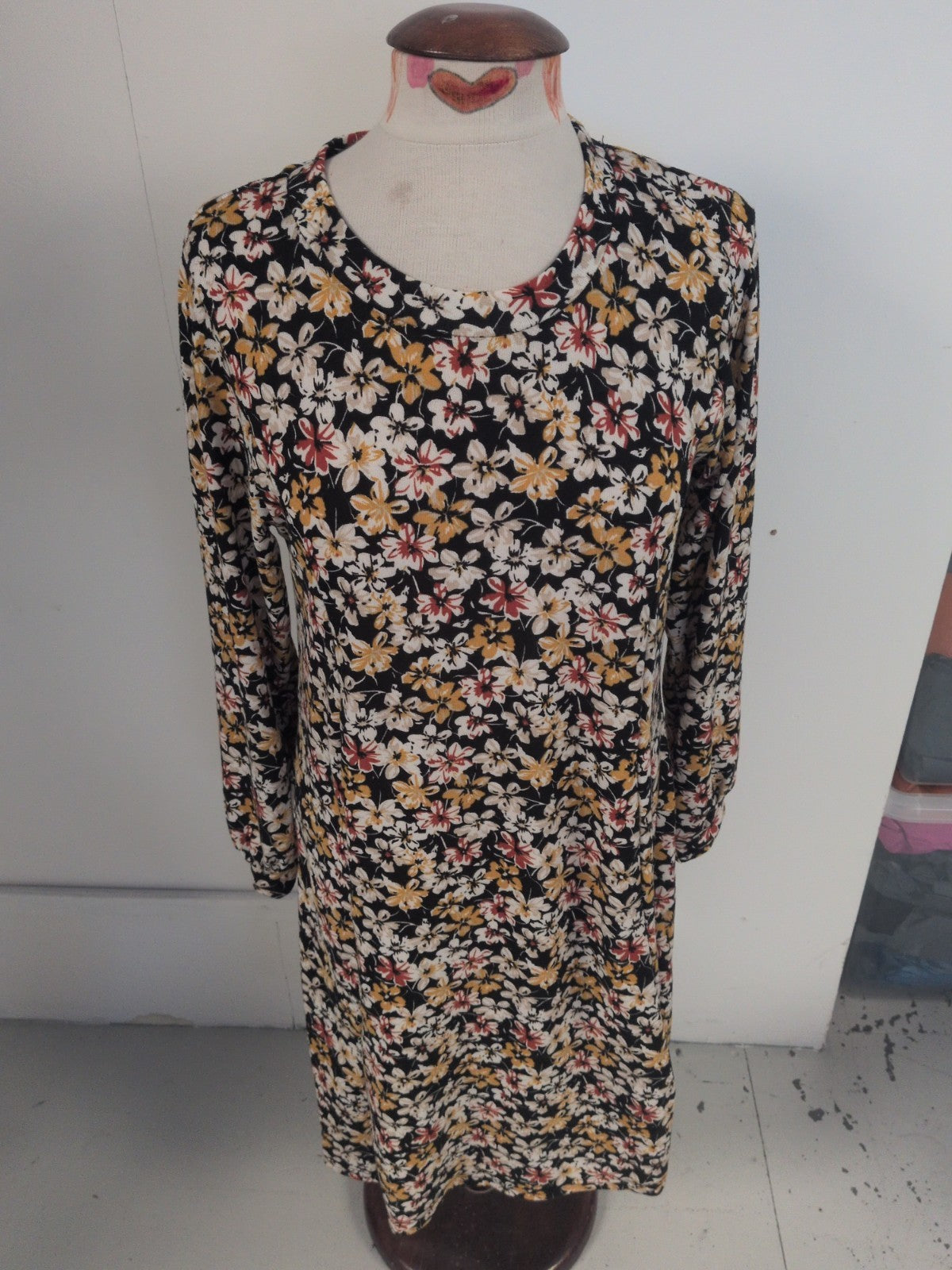 Bonmarche 16 Black Floral Long Sleeve Dress