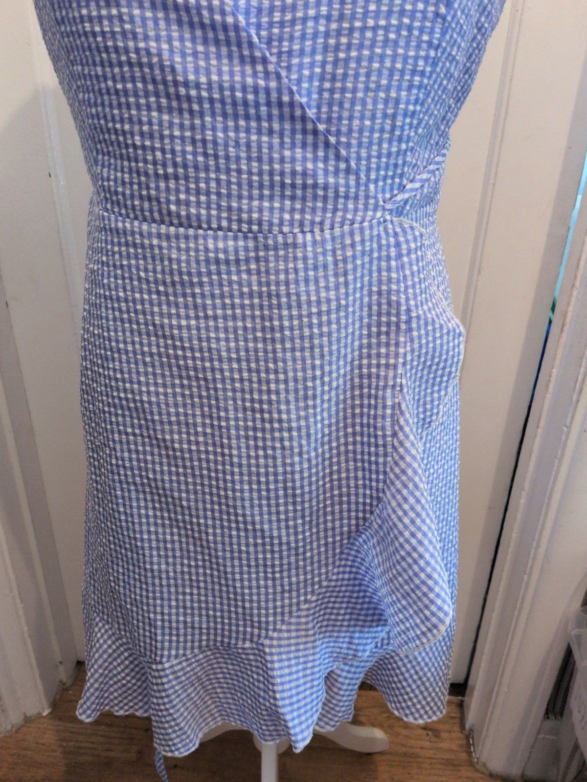 Large Blue Check Sleeveless Knee Length Dress Self Tie