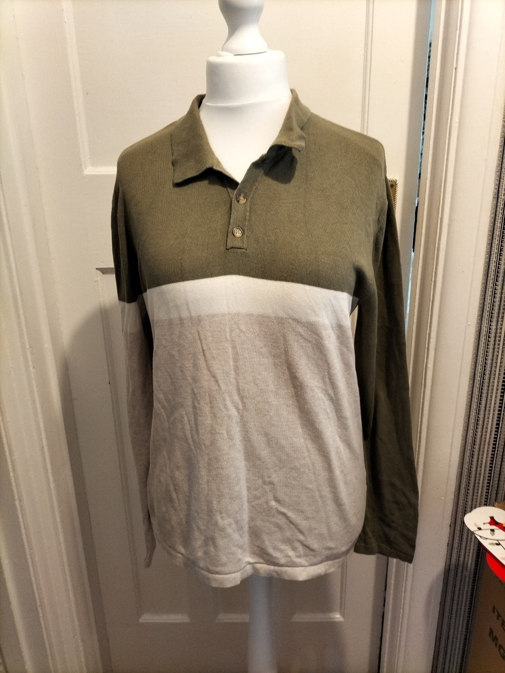 Mens River Island Size M Khaki White And Beige Long Sleeved Polo