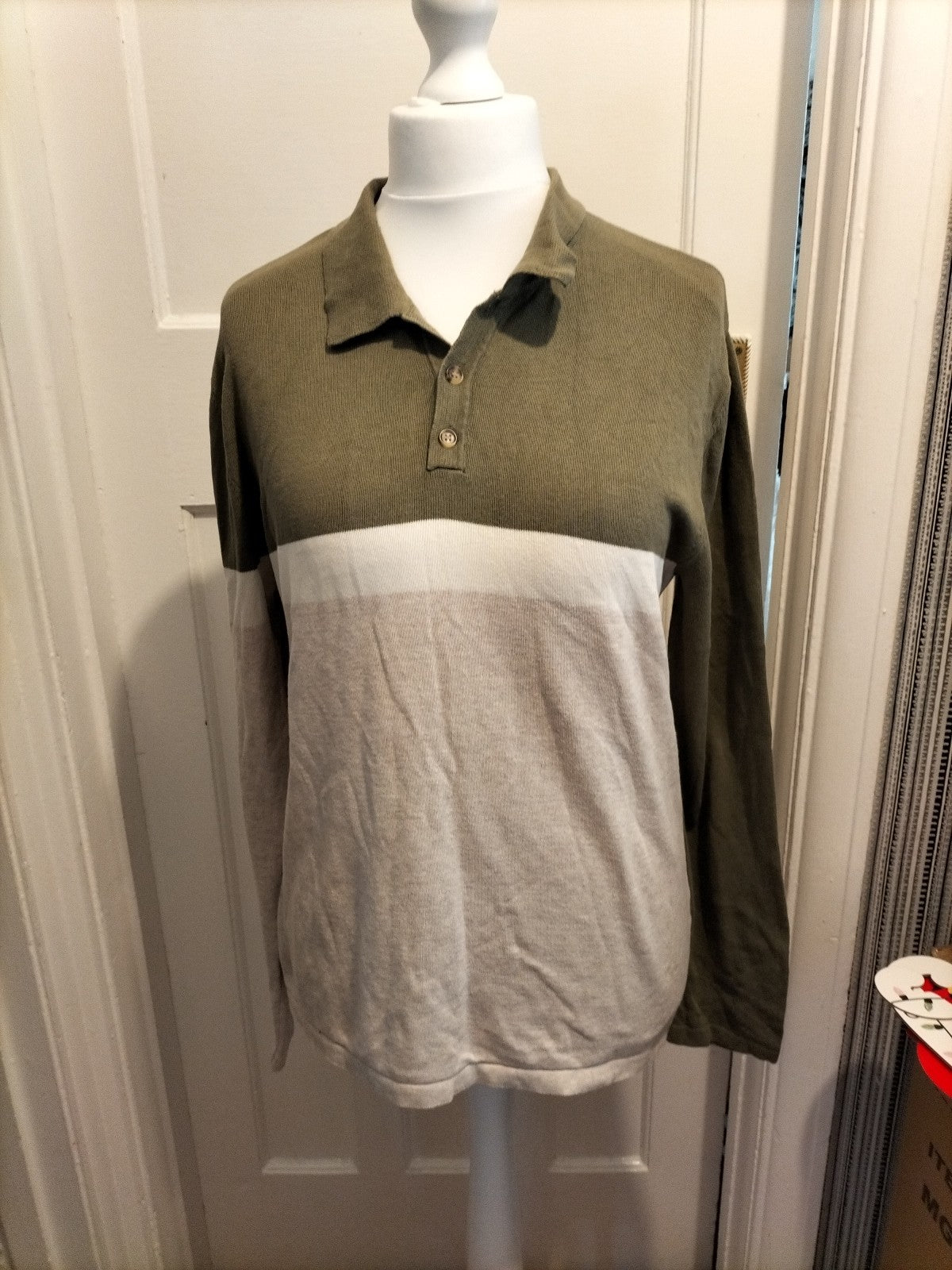 Mens River Island Size M Khaki White And Beige Long Sleeved Polo