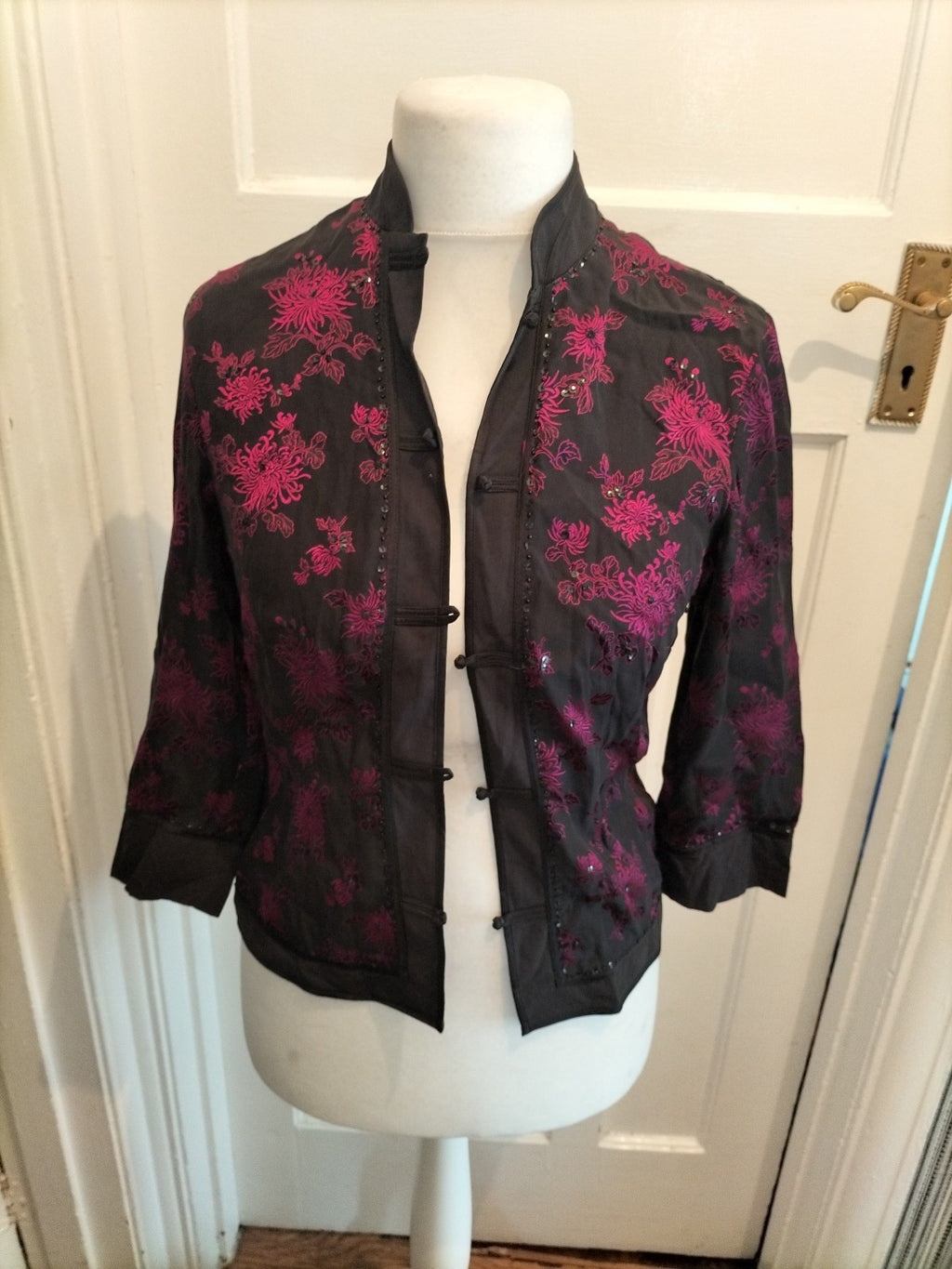 Monsoon 10 Purple And Black Floral Long Sleeve Blouse