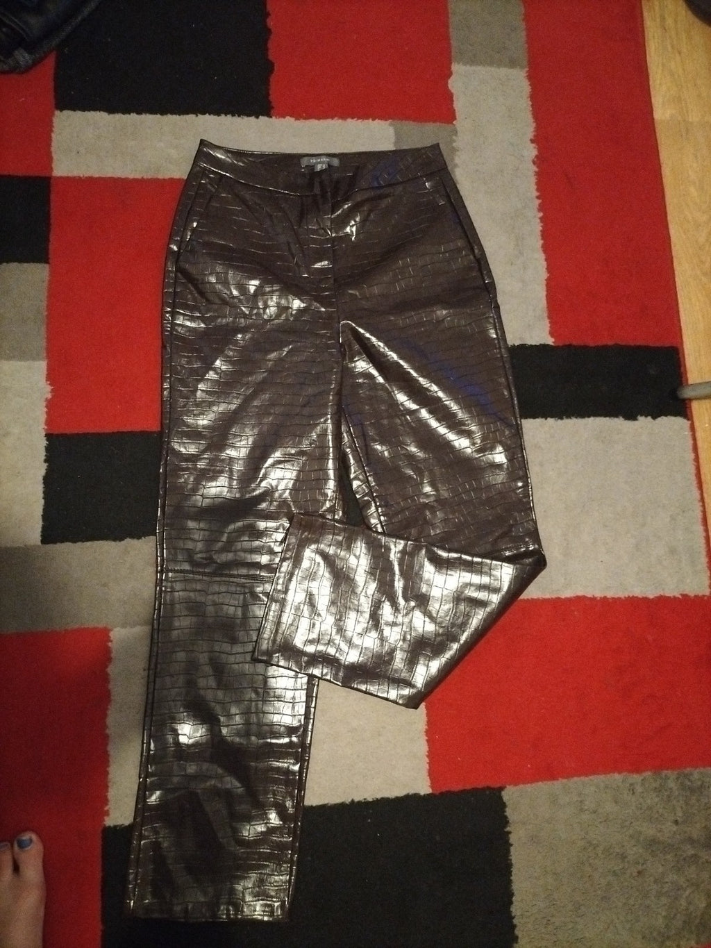 Ladies Primark Size 12 Dark Brown Pleather Patterned Trousers