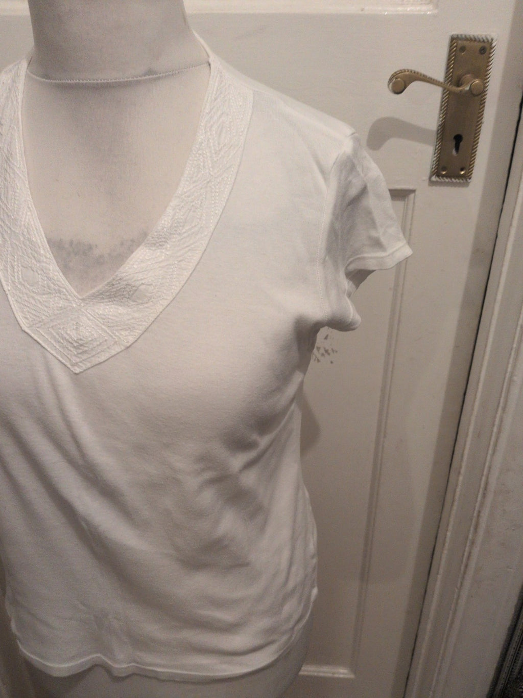 Ladies T-shirt Marks And Spencer 14 White Short Sleeve V Neck